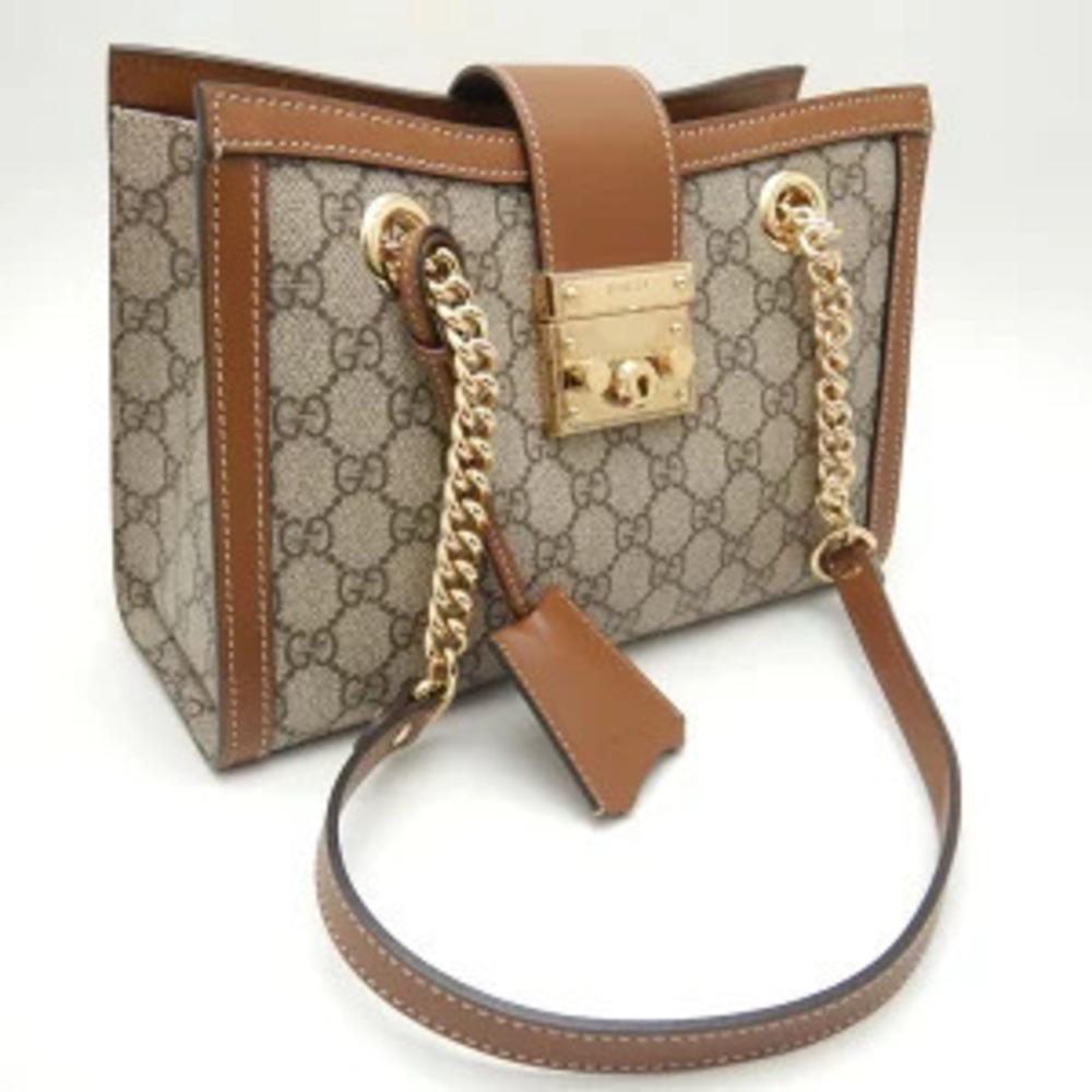 Gucci Brown Beige GG Leather Padlock Supreme Shoulder Bag